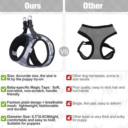 BEAUTYZOO Small Dog Harness and Leash Set,Step in No Chock No Pull Soft Mesh Dog Harnesses Reflective for Extra-Small/Small Medium Puppy Dogs and Cats, Plaid Dog Vest Harness for XS S Pets, Grey XS