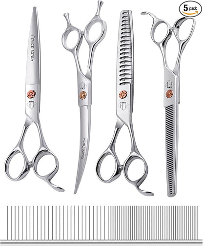 Dog Grooming Scissors: 5 in 1 Pet Shears Set Made Of Japanese 440c Advanced Stainless Steel Professional Grooming Scissors for Dogs Cats and Other Pets