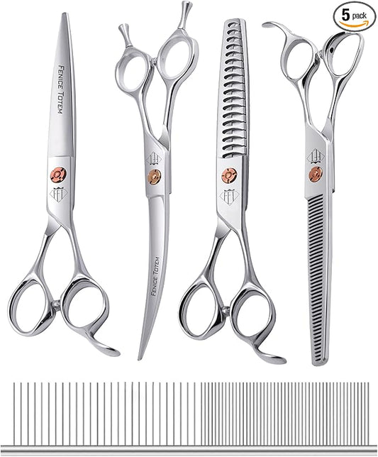 Dog Grooming Scissors: 5 in 1 Pet Shears Set Made Of Japanese 440c Advanced Stainless Steel Professional Grooming Scissors for Dogs Cats and Other Pets