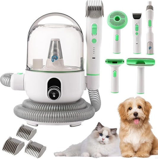 IDEALHOUSE Dog Hair Vacuum and Grooming Kit, 2L Dust Cup with 5 Grooming Tools, High Suction Power for Shedding Pet Hair, Low Noise for Stress-Free Grooming, Home Cleaning, White and Green