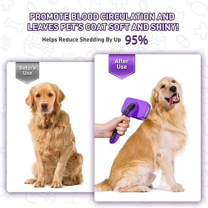 Dogs Cats Self Cleaning Slicker Brush for Shedding & Grooming Any Breed of Pets, Removes Loose, Undercoat, Mats, Tangled Hair for Small Medium Large Animal With Long Short Fur Length, Purple