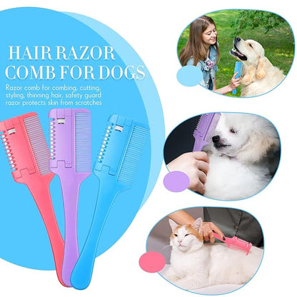 3 Pcs Pet Grooming Razor Comb with 50 Replacement Blades - Double Sided Hair Trimmer, Cutter and Scissors Tool for Dogs and Cats(Pink, Blue, Purple)
