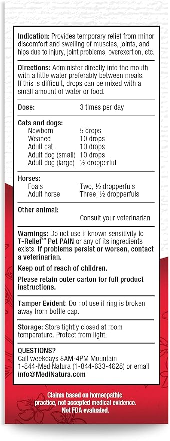 T-Relief Pet Pain Oral Drops Arnica +12 Powerful Natural Medicines for Muscle Joint & Hip Pain Soreness Stiffness Injuries in Dogs & Cats - Fast-Acting Soother - 1.69 oz (2 Pack)