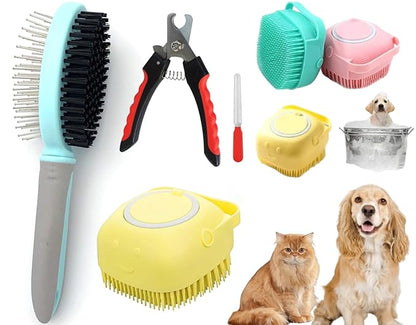 Dog Grooming Kit, 2PCS Dog Bath Brush Scrubbers, 1 Double Sided Soft Bristle and Pin Brush, 1 Professional Nail Clipper and Trimmer For Large & Mediam Dog,Cat,and Rabbit.