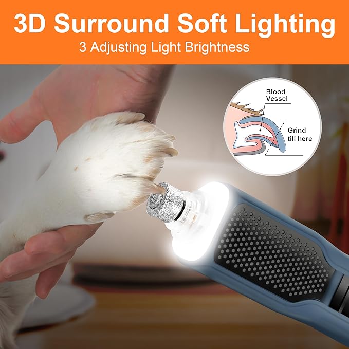 7-Speed 360° LED Strong Light Dog Nail Grinder Quiet Cat Nail Grinder Dog Nail Trimmers for Large Medium Small Dogs Cats Pets Claw Trimmer Quick Dog Nail Clipper