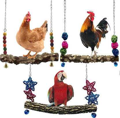 Chicken Bird Swing,Chicken Perch,Natural Wooden Swing Toys,Wood Stand for Chick,Safe and Relief of Stress,Chicken Coop Accessories,Coop Swing for Chicken Bird,Parrot,Hens (3PCS)