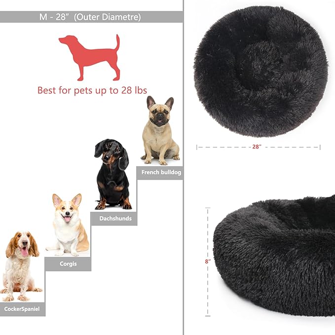 Dog Beds for Medium Dogs Washable Calming Bed for Dogs 28 Inches Black Fluffy and Soft Dog Bed Calm and Anti Anxiety Faux Fur Round Medium Sized Pet Bed for Dog