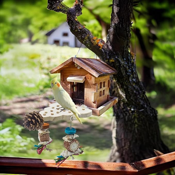 Parrot Toys, Parrot Wooden Bird Toys, Long Tailed Parrot Toys with Pure Natural Corn Sticks, Small and Medium-Sized Parrot Toys with Pure Natural Pine Cones, Fun Bird Cage Accessories