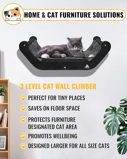 Wooden Cat Wall Shelves with 3 Steps – Space-Saving Wall Mounted Cat Tree Set, Modern Climbing Wall Furniture & DIY Shelves Kit for Small Apartments, Cat Bed for Sleeping, Playing and Climbing