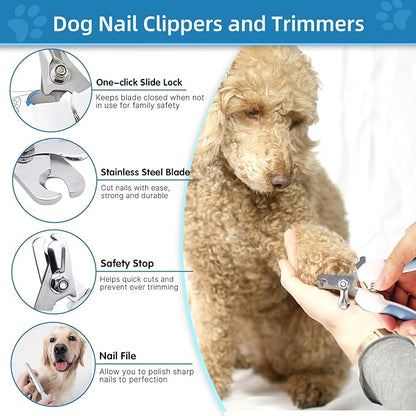 Dog Brush Dog Grooming Kit 6PCS Dog Brush for Shedding-Dog Brushes for Grooming, Dematting Comb for Dogs, Cat & Dog Nail Clipper with Nail File, Flea Comb, Dog Bath Brush-Blue