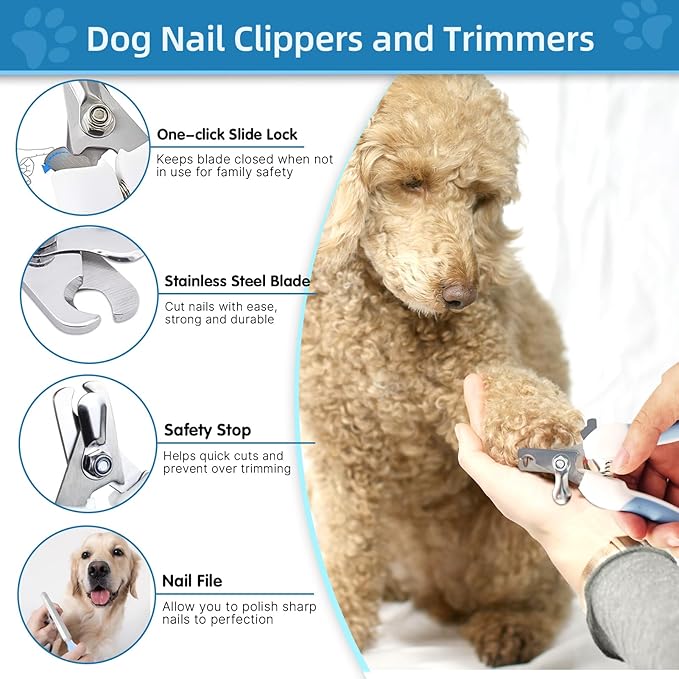 Dog Brush Dog Grooming Kit 6PCS Dog Brush for Shedding-Dog Brushes for Grooming, Dematting Comb for Dogs, Cat Nail Clipper with Nail File, Flea Comb, Bath Brush-Blue