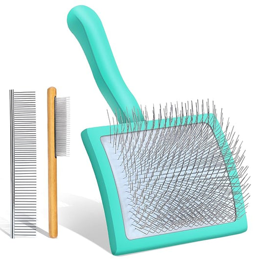 Large Green Dog Brush for Medium to Long Haired Pets - Slicker Brush Removes Loose Hair, Tangles and Knots, Best Grooming Tool for Small Animals, Free Pet Comb Included
