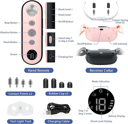 Dog Shock Collar for 2 Dogs, PAHOG 1000FT Electric Dog Training Collars for 8-120lbs Small Medium Large Dogs, Rechargeable IPX7 Waterproof E Collar with Beep, Vibration, Safe Shock Modes - Pink