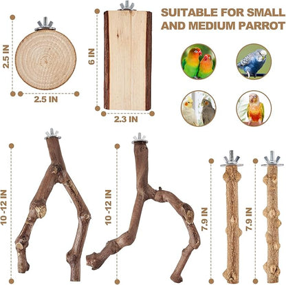 6-Piece Bird Perch Set - Natural Wood Grape Sticks, Paw Grinding Forks, Bird Stand & Toys for Parakeets, Cockatiels, Conure, Budgies