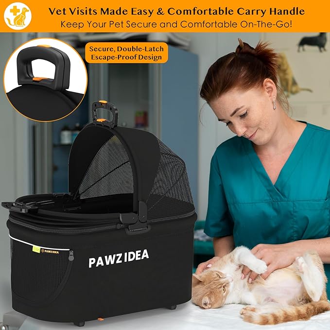 PAWZIDEA Portable Small Dog Crate for Car Travel, Enclosed Pet Car Seats for Small/Medium Dogs & Cats, Reversible No-Zip Canopy, Soft-Sided Pet Carrier Cage, Collapsible Travel Dog Kennel, Chew-Proof