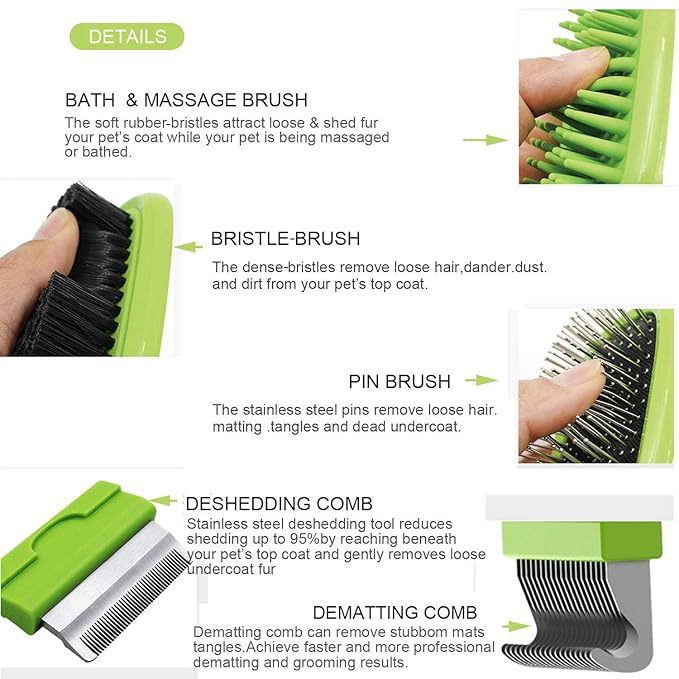 5 in 1 Pet Grooming Kit Dog Brush & Cat Brush Set 2 Sided Detachable Dematting Deshedding Comb for Stubborn Mats & Tangles,Hair Removing,Bath&Massage