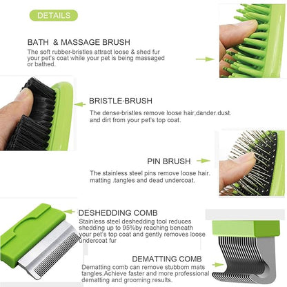 5 in 1 Pet Grooming Kit Dog Brush & Cat Brush Set 2 Sided Detachable Dematting Deshedding Comb for Stubborn Mats & Tangles,Hair Removing,Bath&Massage