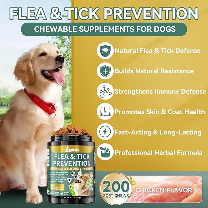 YOTANGO Flea and Tick Prevention for Dogs Chewable, 200 Soft Treats Natural Dog Flea and Tick Treatment Chewable, Oral Flea Supplement Chews, Skin & Coat Support for Dogs Puppies - All Breeds & Ages