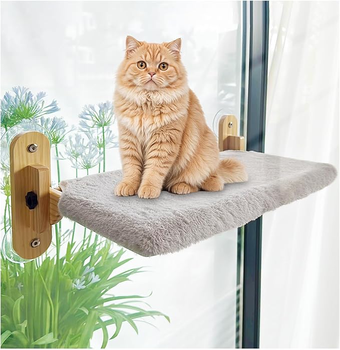 Cat Window Perch, Cordless Foldable Cats Hammock Bed with Wooden Frame Suction Cups, Removable Soft Cover Windowsill Seat for Indoor Cats Pet Shelf (20X11 inch)