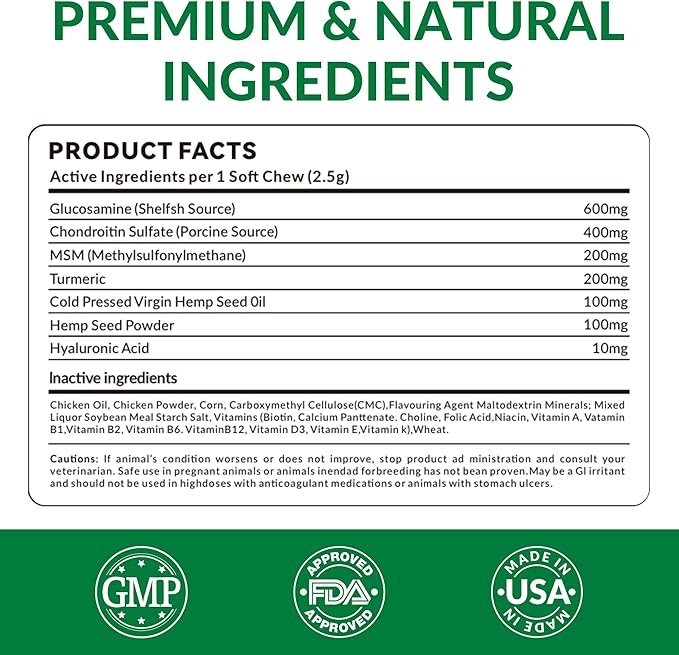 Glucosamine for Dogs Hip and Joint Supplement Chews,Mobility Support Supplement -Glucosamine chondroitin-MSM，Hip & Joint Support-Digestion,Probiotics-120 Chews