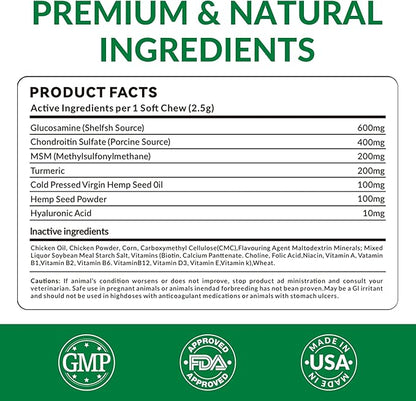 Glucosamine for Dogs Hip and Joint Supplement Chews,Mobility Support Supplement -Glucosamine chondroitin-MSM，Hip & Joint Support-Digestion,Probiotics-120 Chews