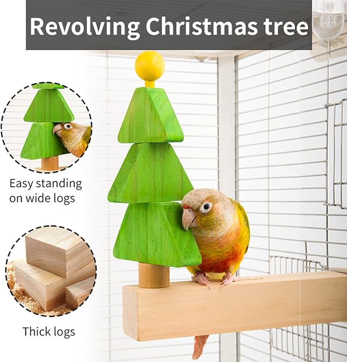 Bird toys & Bird Perch, Bird Wooden Block Chewing Toy Parrot Foraging & Puzzle Toys Bird Cage Accessories for Conures Parakeets Cockatiels Lovebirds African Grey Macaws (Revolving Christmas Tree)