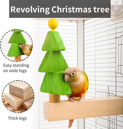 Bird toys & Bird Perch, Bird Wooden Block Chewing Toy Parrot Foraging & Puzzle Toys Bird Cage Accessories for Conures Parakeets Cockatiels Lovebirds African Grey Macaws (Revolving Christmas Tree)