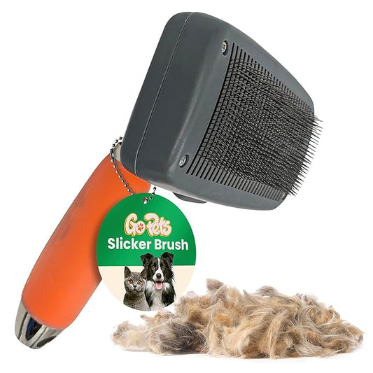 GoPets Self-Cleaning Slicker Brush for Dogs & Cats, Dematting Comb, Dog Brush for Shedding, Gentle Detangling, Suitable for Short & Long Hair, Comfortable Silicone Grip - Orange & Grey