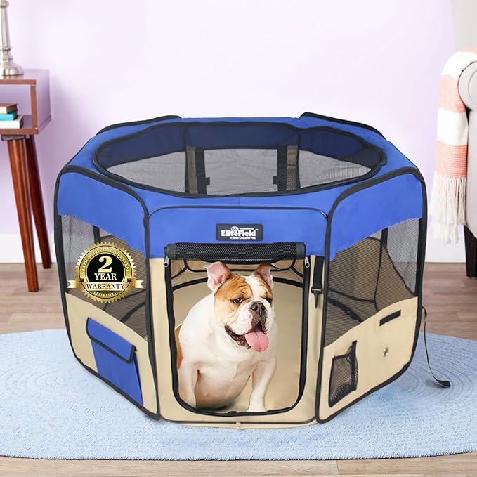 EliteField 2-Door Soft Pet Playpen (2 Year Warranty), Exercise Pen, Multiple Sizes and Colors Available for Dogs, Cats and Other Pets (36" x 36" x 24"H, Royal Blue+Beige)