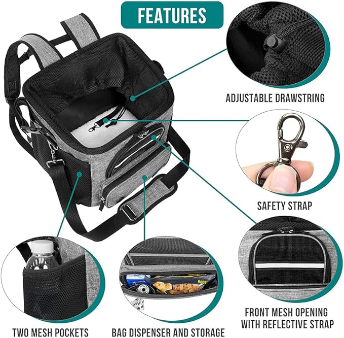 PetAmi Dog Bike Basket, Soft-Sided Ventilated Dog Bike Carrier Backpack, Dog Pet Bicycle Basket for Bike Handlebar, Small Medium Puppy Cat Kitten Car Booster Seat with Safety Strap