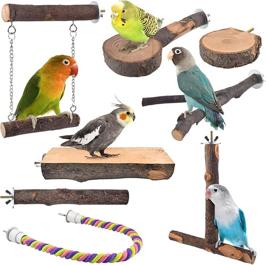 Bird Perches, 8pcs Natural Wood Parrot Perch Stand Chewing Toys Cage Accessories Hanging Multi-Branch Perch Platform Swing Toy Rope Perches for Small and Medium Parakeet, Conures, Budgies