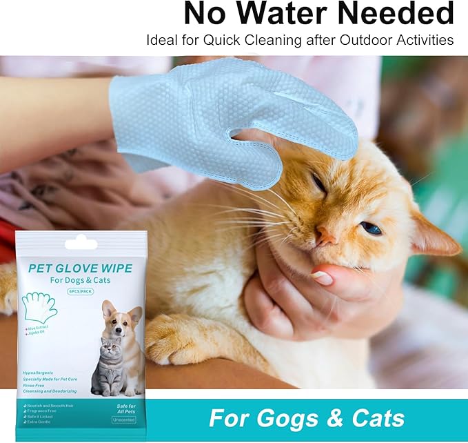 6PCS Cats & Dog Washing Gloves, Dog Wipes Cleaning Deodorizing Grooming Gloves, Rinse-Free Pet Wipes for Dogs & Cat Quick Cleaning after Outdoor Activities.