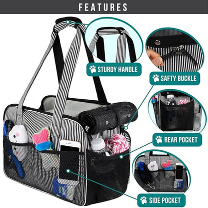 PetAmi Small Dog Purse Carrier, Soft-Sided Pet Carrier Bag with Pockets, Portable Puppy Cat Travel Handbag Tote, Airline Approved Breathable Mesh, Poop Bag Dispenser, Max 18 lbs, Stripe Black