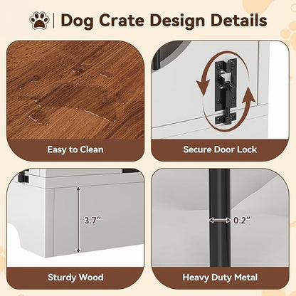 Dog Crate Furniture, 39.4" Dog Kennel for Dogs Up to 70 Lb, with Bed Mat, Heavy-Duty Dog Cage End Table, Three Doors Dog House, White/Brown