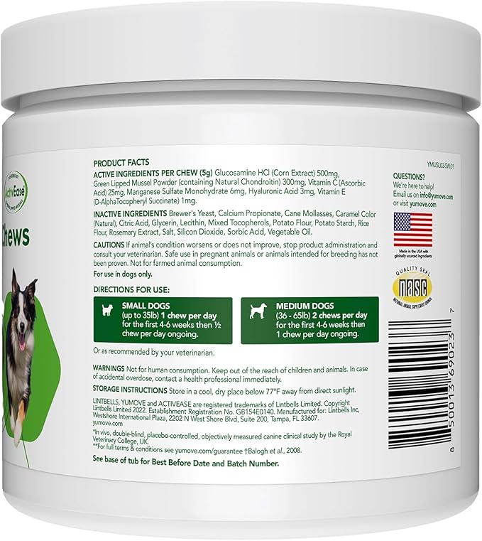 YuMOVE Hip & Joint Supplement for Dogs - With Glucosamine Chondroiton, Green Lipped Mussel , Hyaluronic Acid, and Omega 3 Joint Supplement for Stiffness and Mobility - 60 Chews (Small/Medium Dogs)