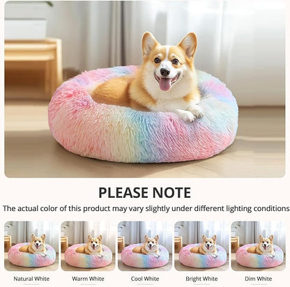 JOLLYVOGUE Donut Dog Bed for Medium Dogs, Anti-Anxiety Washable Round Bed, Calming Donut Dog Cat Bed for Puppy Bed, Fluffy Dog Beds for Large Dogs, Round Puppy Bed for Indoor Pet (31"/Rainbow