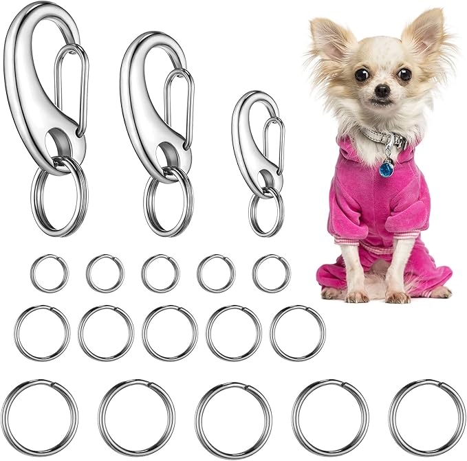 18 Pieces Leash Dog Tag Clip Pet ID Tag Pet Tag Clip Quick Clip Combos Pet ID Tag with Rings, Stainless Steel Quick Clips Pet ID Tag Holder for Dog Cat