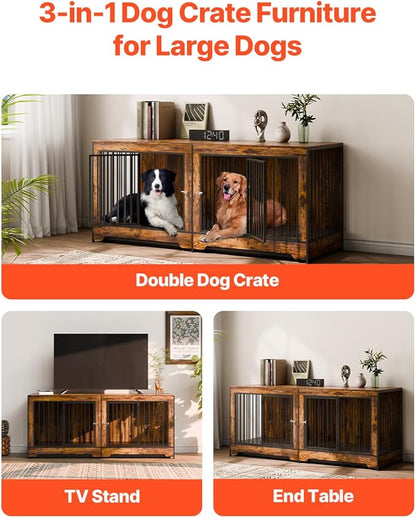 VEVOR 75" Dog Crate Furniture for 2 Dogs,Extra Large Double Dog Crate Furniture Large Breed with Divider & Double Doors,Large Wooden Dog Crate Furniture TV Stand for Medium Large Dogs Brown