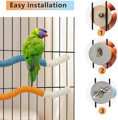 11 x 0.9 inch Bird Perch Parrot Stand Cage Accessories Natural Wooden Stick Paw Grinding Rope-surfaced Chew Toy Standing Rod for Exercise Training Branches (Curved-Orange+Blue)