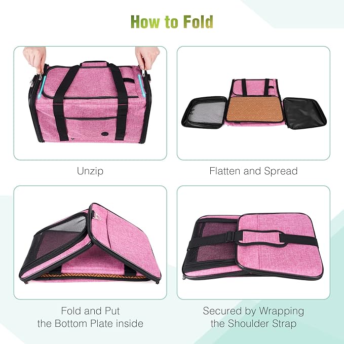 YUDODO 25 lbs Lightproof Pet Carriers Airline Approved Dog Cat Travel Soft Sided Carrier Reflective Mesh Safe Pet Cat Carrier Foldable Portable Small Animal Rabbit Puppy Cat Carrier Pink