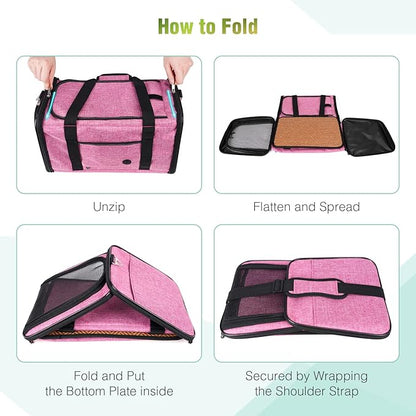 YUDODO 25 lbs Lightproof Pet Carriers Airline Approved Dog Cat Travel Soft Sided Carrier Reflective Mesh Safe Pet Cat Carrier Foldable Portable Small Animal Rabbit Puppy Cat Carrier Pink