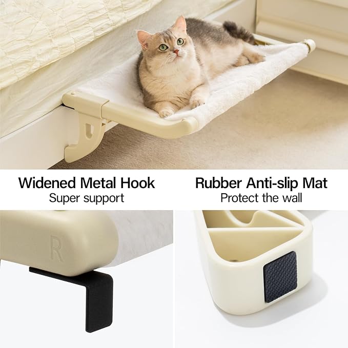 MEWOOFUN Cat Window Sill Perch for Indoor Cats, One-Step Sliding Clamping Slot Adjustment Cat Window Hammock with Removable Covers, Cat Bed for Windowsill & Bedside (Beige, Medium)