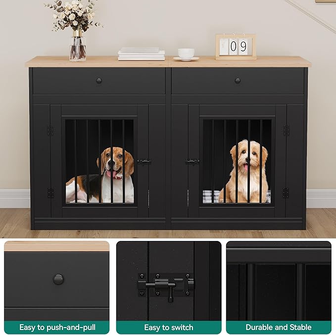 YITAHOME 60" Wooden Dog Crate Furniture with Removable Divider & Storage Drawers, Double Door Kennel with Locks for Medium and Large Dogs, Multi-Functional Dog Crate End Table for Indoor use, Black