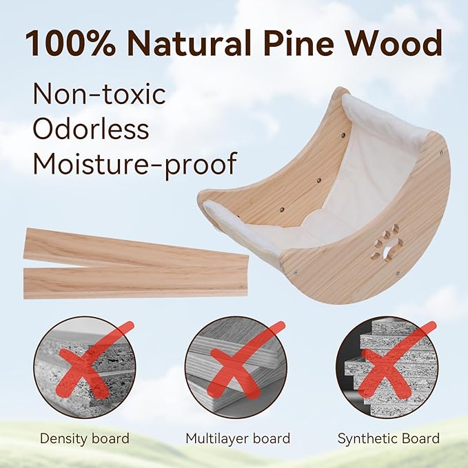 Cat Window Perch Hammock Bed for Indoor Cats Wooden Moon Cat Shelves with Strong Suction Cup Cat Furniture for Sleep Watch Birds Sunbathing Soft Warm Pet Bed