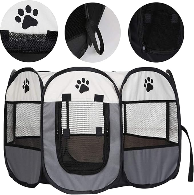 Dog playpen, Foldable Puppy Playpen, Pet Playpen Carrier Pop Up Tent 8-Panel Mesh Cover Adorable Design 600D Soft Oxford Playpen Kennel for Indoor-Outdoor Dog Cat Rabbit. (S 28" * 28" * 18", Gray)