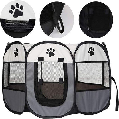 Dog playpen, Foldable Puppy Playpen, Pet Playpen Carrier Pop Up Tent 8-Panel Mesh Cover Adorable Design 600D Soft Oxford Playpen Kennel for Indoor-Outdoor Dog Cat Rabbit. (S 28" * 28" * 18", Gray)