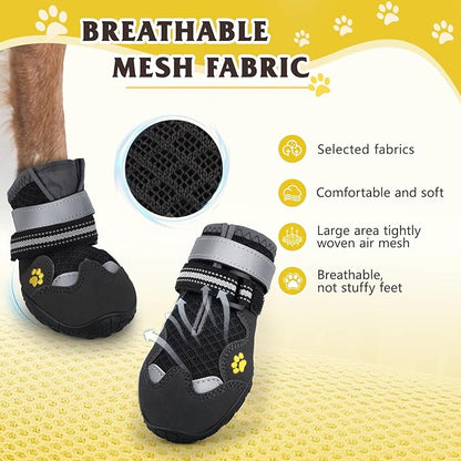 Dog Shoes, FISHOAKY Dog Shoes for Large Dogs, Mesh Breathable Dog Boots & Paw Protectors for Summer Hot Pavement Winter Snowy, 360°Anti Slip 4Pcs Dog Booties with Reflective Black (Size 8)