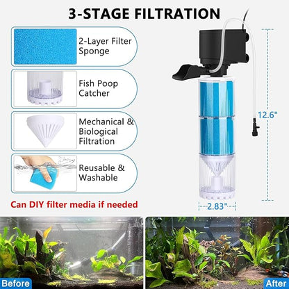 fishkeeper Aquarium Filter, Fish Tank Filter with Adjustable Bubble Output, Ultra Silent Filtration/Oxygenation/Circulation & Physical Sponge Double Filtration for 25 to 75 Gallon Tank
