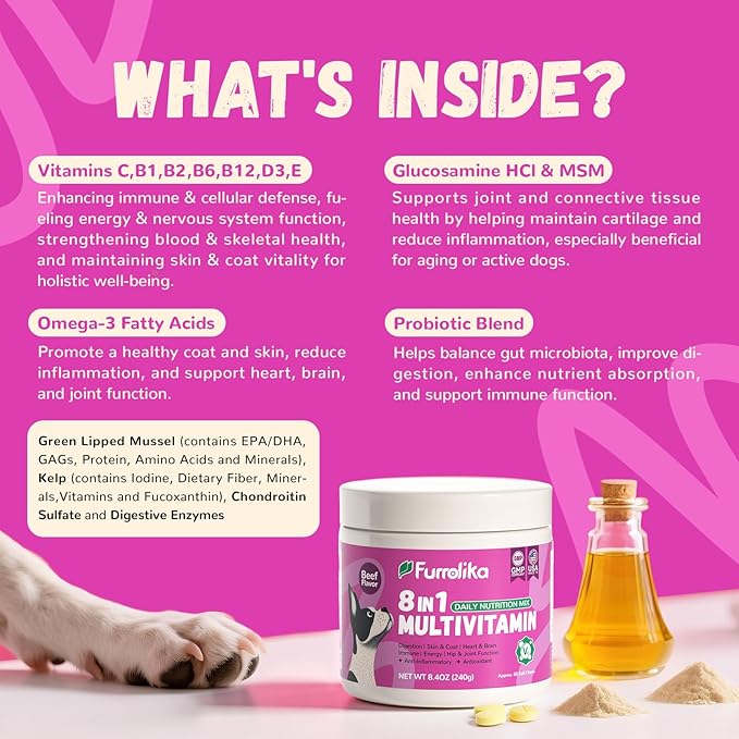 Furrolika Multivitamin Chews for Dogs - Dog Vitamins and Supplements with Glucosamine, Chondroitin, Digestive Enzymes, Probiotics - Hip & Joint, Immune System, Skin & Coat Support - 60 Soft Chews