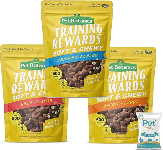 (3 Packs) Training Rewards Treats for Dogs, Speeds Up Learning Curve, No BHA, BHT, Ethoxyquin, Bacon, Beef, Chicken, 20 oz with 10ct pet Wipes